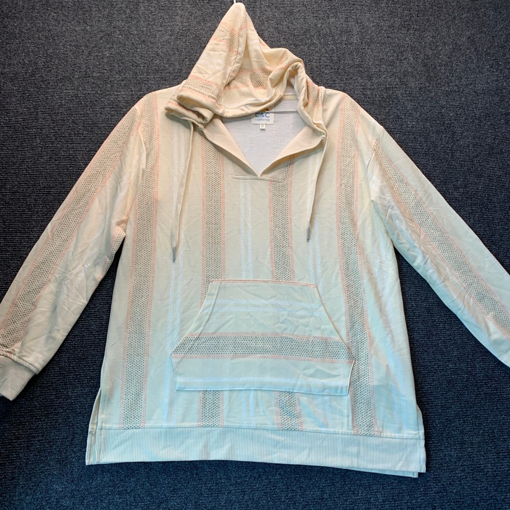 C&C California Hoodie Women M Cream Striped Baja Coastal Beachy Pullover Soft